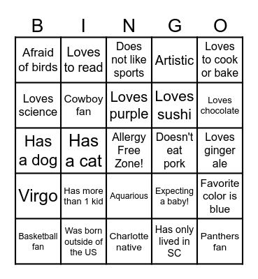 Allergy Teammate Bingo Card