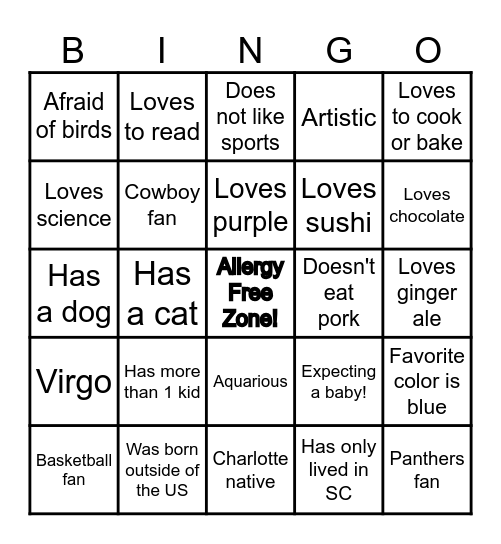 Allergy Teammate Bingo Card