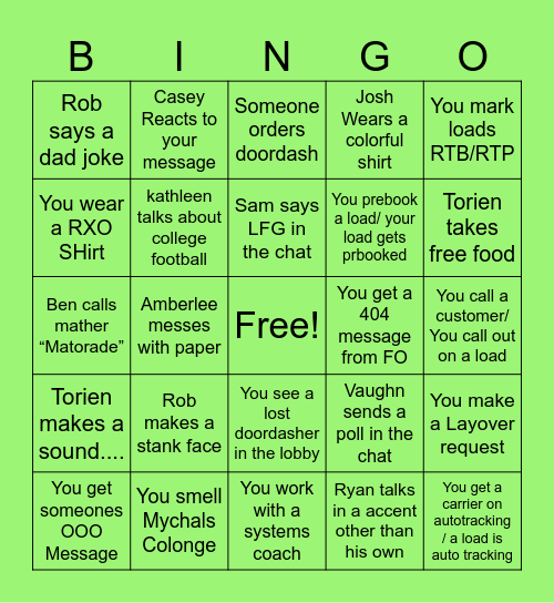 RXO Bingo Card