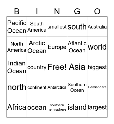 Oceans and Continents Bingo Card