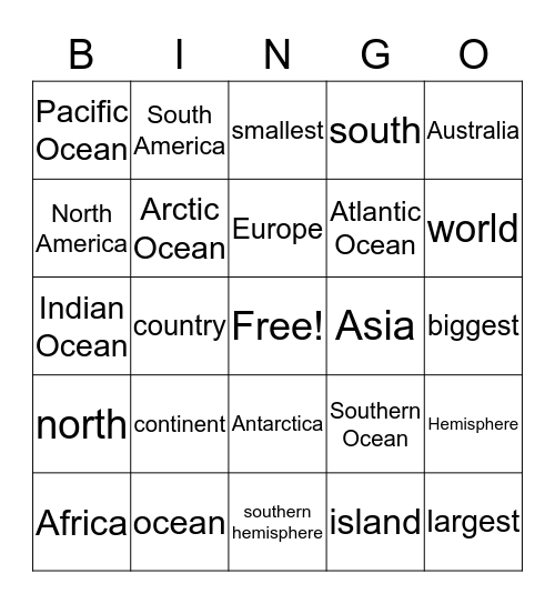 Oceans and Continents Bingo Card