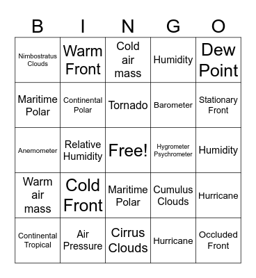 Weather Vocab Bingo Card