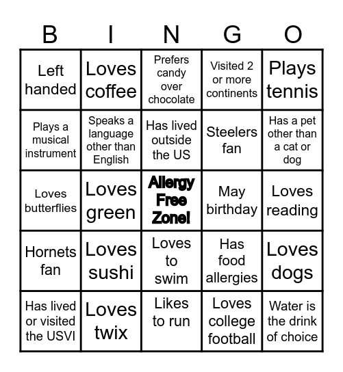 Allergy Teammate Bingo Card