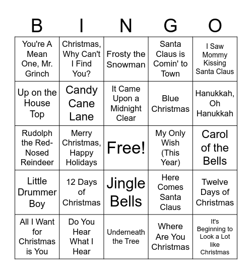 Holiday Music Bingo Card