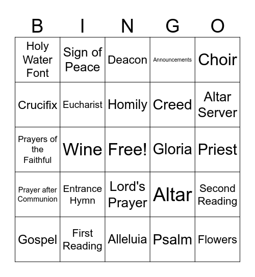 Catholic Mass Bingo Card