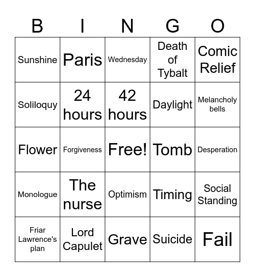 Romeo and Juliet Act 4 Bingo Card
