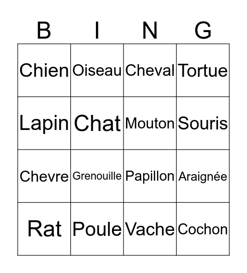 Les Animaux Bingo Card