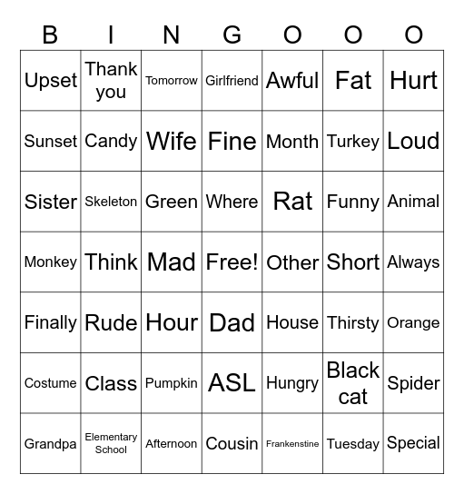 ASL Final Exam Review Bingo Card