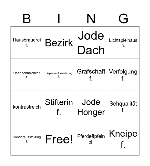 Wortschatzübung Bingo Card