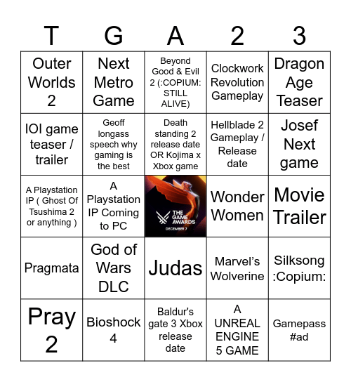 TGA Bingo card ( HOLY COPIUM EDITION ) Bingo Card
