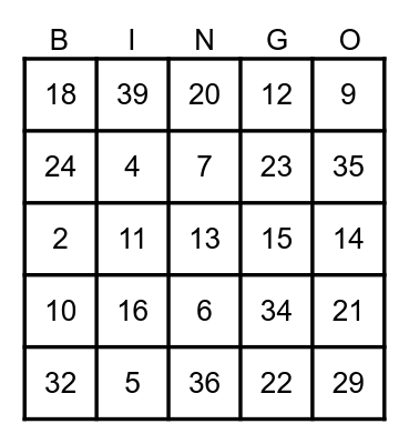 numeros cero a cuarenta Bingo Card