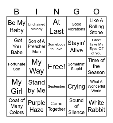 Pop Music Bingo Card