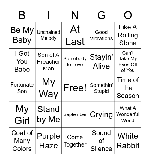 Pop Music Bingo Card