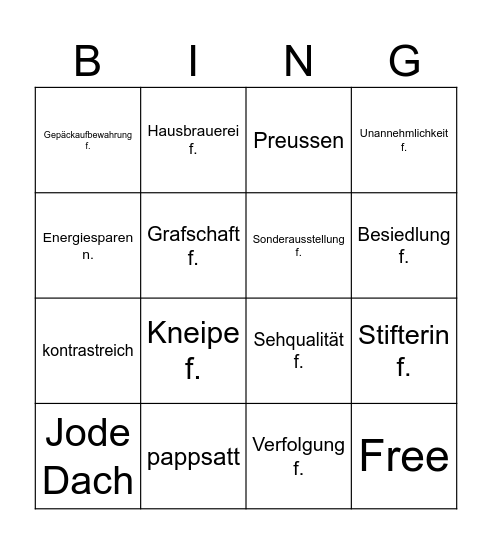 Wortschatzübung Bingo Card