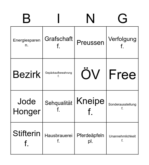 Wortschatzübung Bingo Card