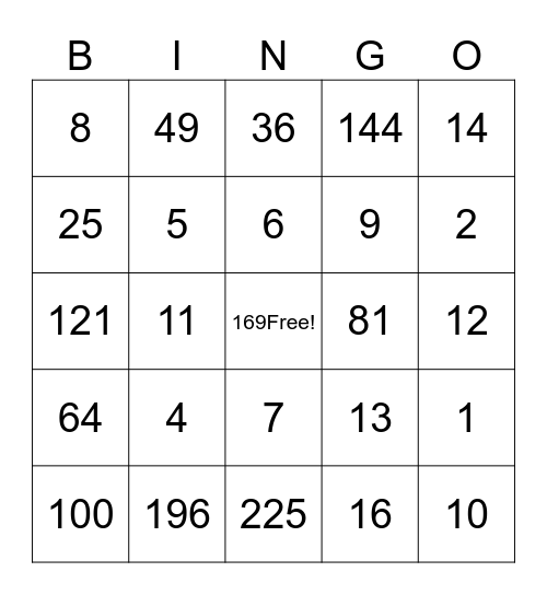 Square & Square Root Bingo Card