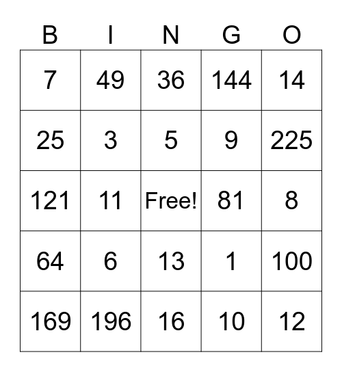 Square & Square Root Bingo Card