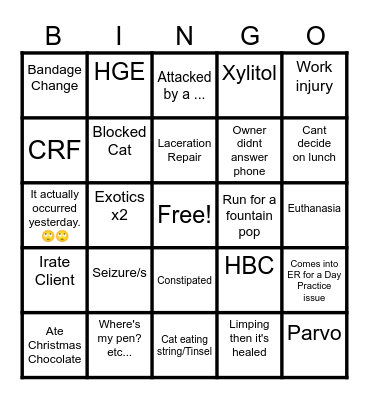 Veterinary ER Bingo Card