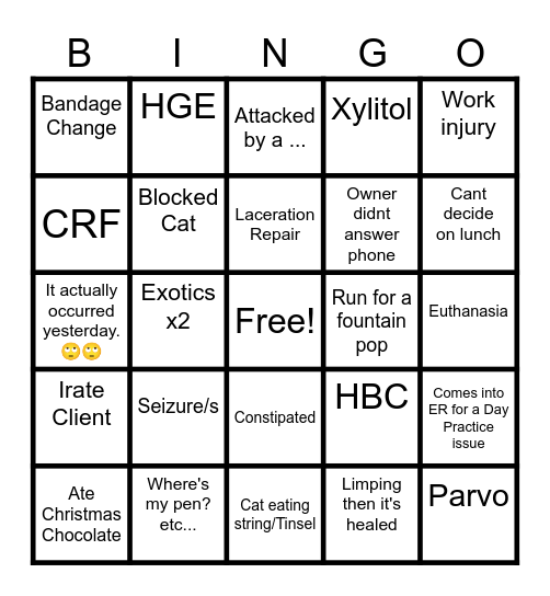 Veterinary ER Bingo Card
