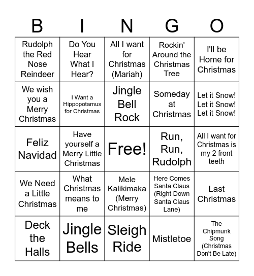 Christmas Songs Bingo Card