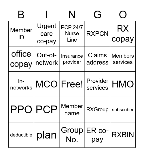 Insurance Card Bingo Card