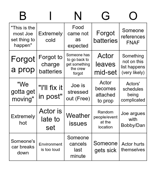 Joe's Film Set Bingo Card