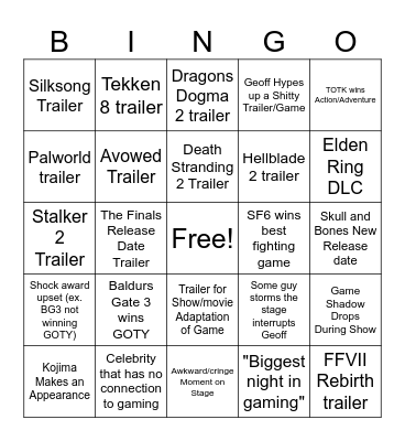 The Game Awards 2023 Bingo Card
