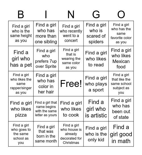 Find a Girl Who Bingo Card