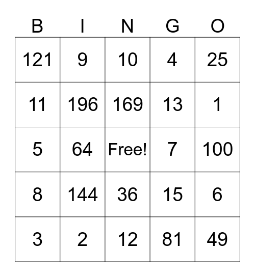 Square & Square Root Bingo Card