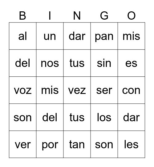 Silabas Cerradas Bingo Card