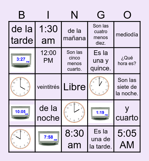 Telling Time in SPANISH Bingo Card