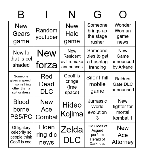 Game Awards 2023 Bingo Card