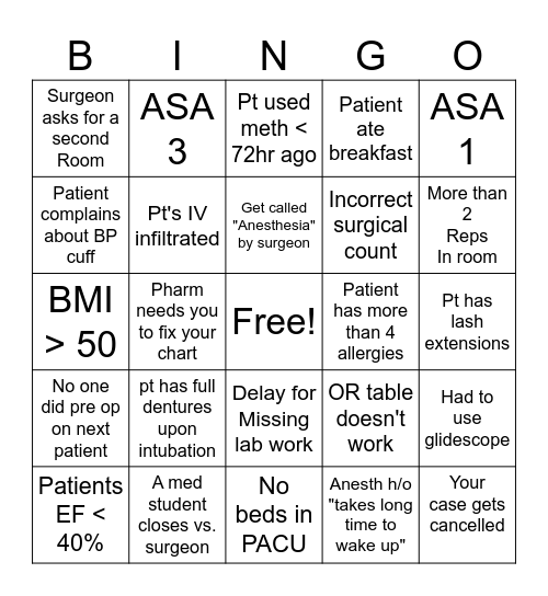 Anesthesia  Bingo Card