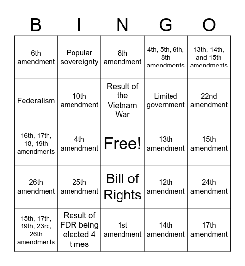 Constitutional Amendments Bingo Card