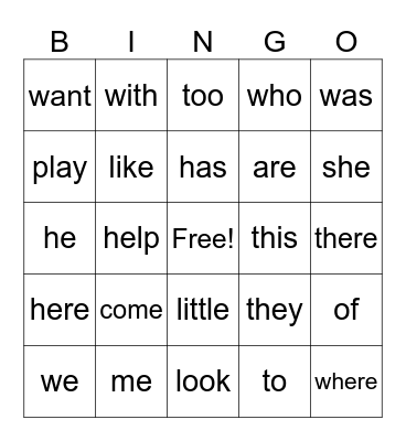 Sight Words Bingo Card
