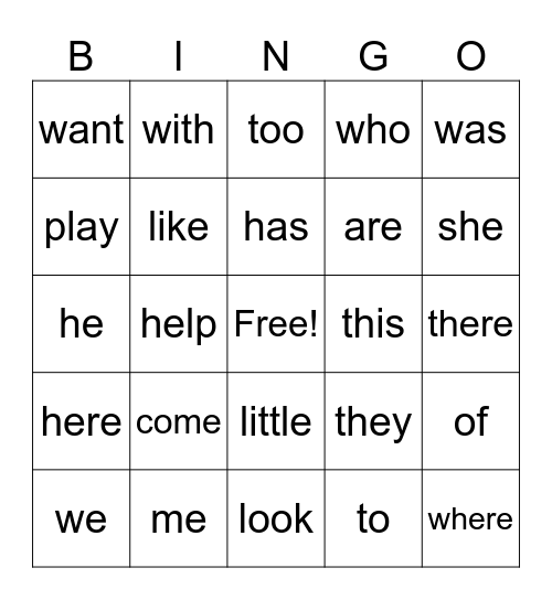 Sight Words Bingo Card