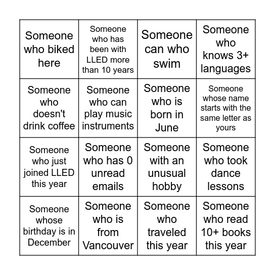 LLED Holiday Bingo Card