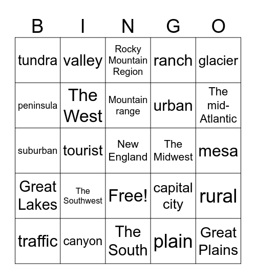 The States Vocabulary Bingo Card