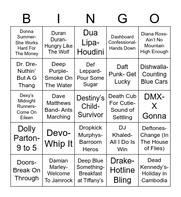 Radio Bingo "D" Songs Bingo Card