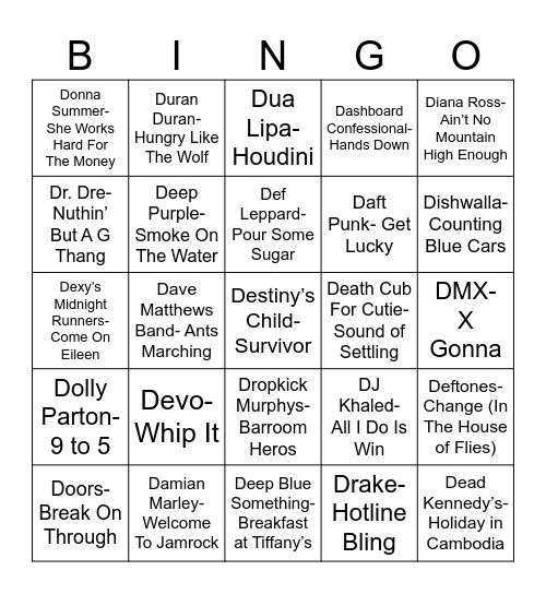 Radio Bingo "D" Songs Bingo Card