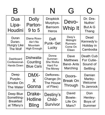 Radio Bingo "D" Songs Bingo Card