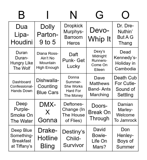 Radio Bingo "D" Songs Bingo Card