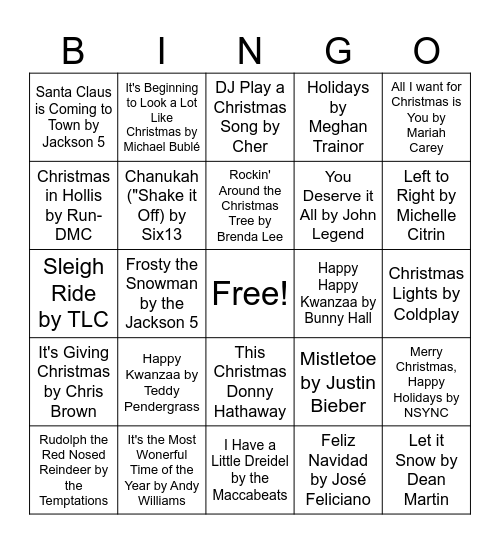 Holiday Music Bingo Card