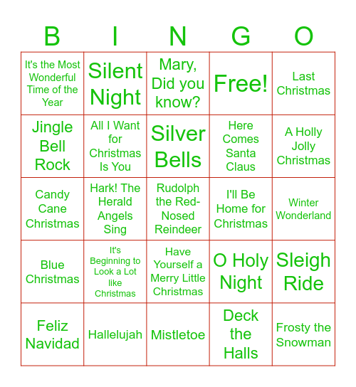 Christmas Songs Bingo Card