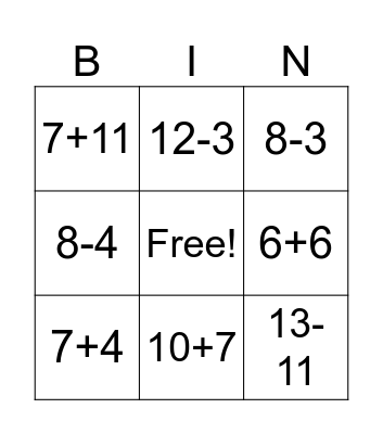 Addition and Subtraction within 20 Bingo Card