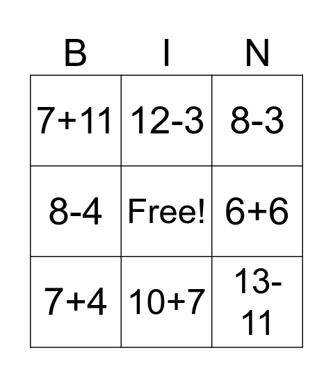 Addition and Subtraction within 20 Bingo Card
