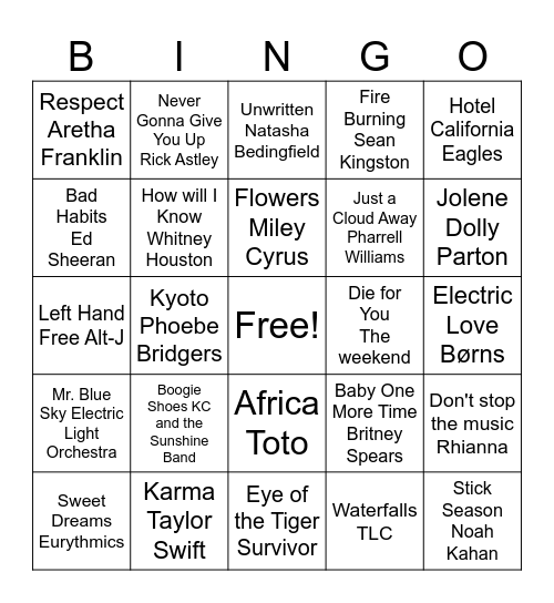 Musical Bingo Card