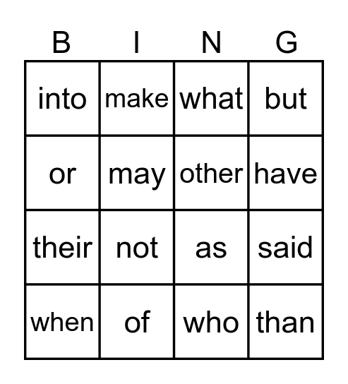 Power Word Bingo Card