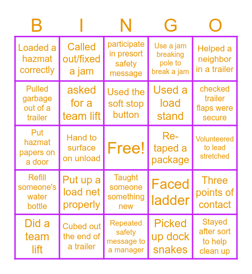 Peak Safety Bingo Card