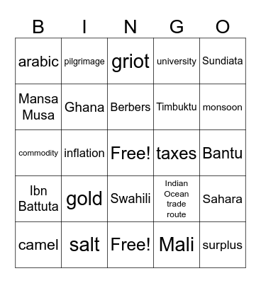 African Kingdom Bingo Card